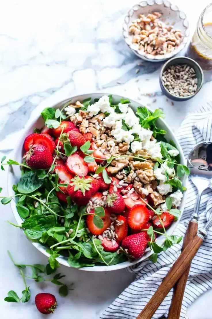14. Strawberry Goat Cheese Salad Recipe by Vanilla & Bean is a creamy and crunchy salad recipe with a rich balsamic vinaigrette.

