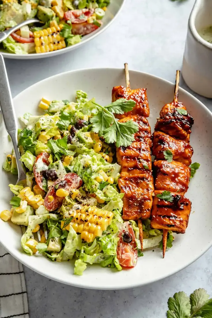 13. Grilled BBQ Chicken Skewer Salad by The Defined Dish (Easy Summer Salad Recipes)
