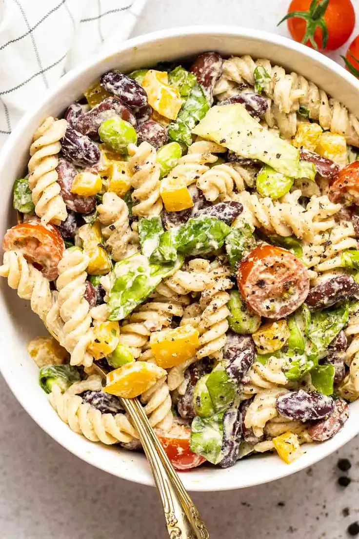 High Protein Pasta Salad Recipe by My Plantiful Cooking
