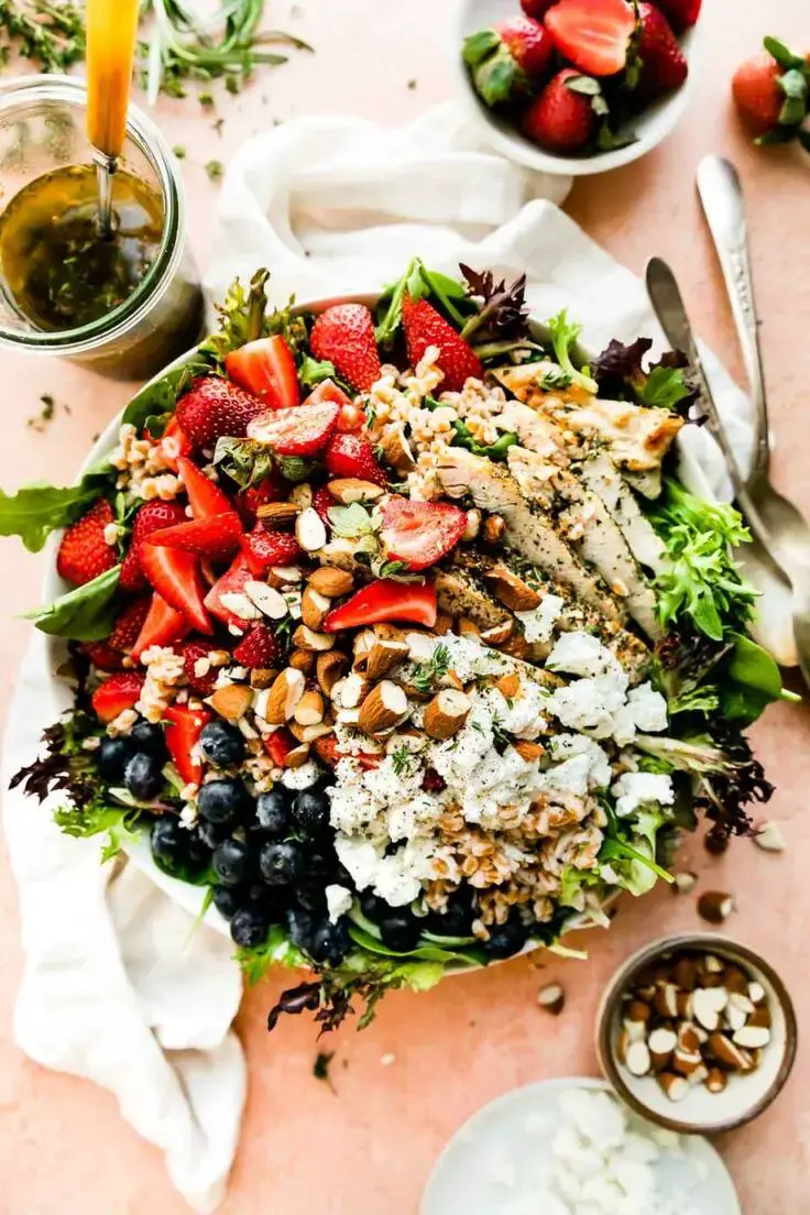 5. Herbed Chicken Strawberry Salad with Maple Balsamic Vinaigrette by Plays well with Butter Recipe is the perfect balance of sweet and savory flavors! All the goodness with a drizzle of homemade maple balsamic vinaigrette.
