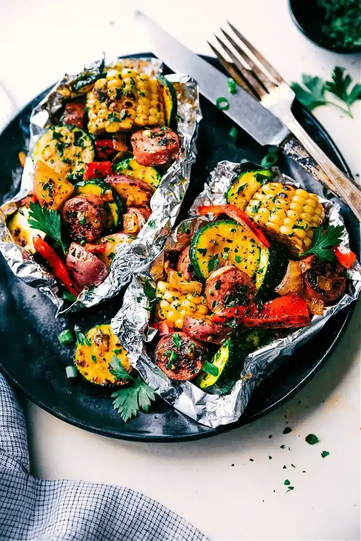 13. Tin Foil Sausage Veggies Dinner by Chelsea’s Messy Apron (Lazy Summer Dinner Ideas)
