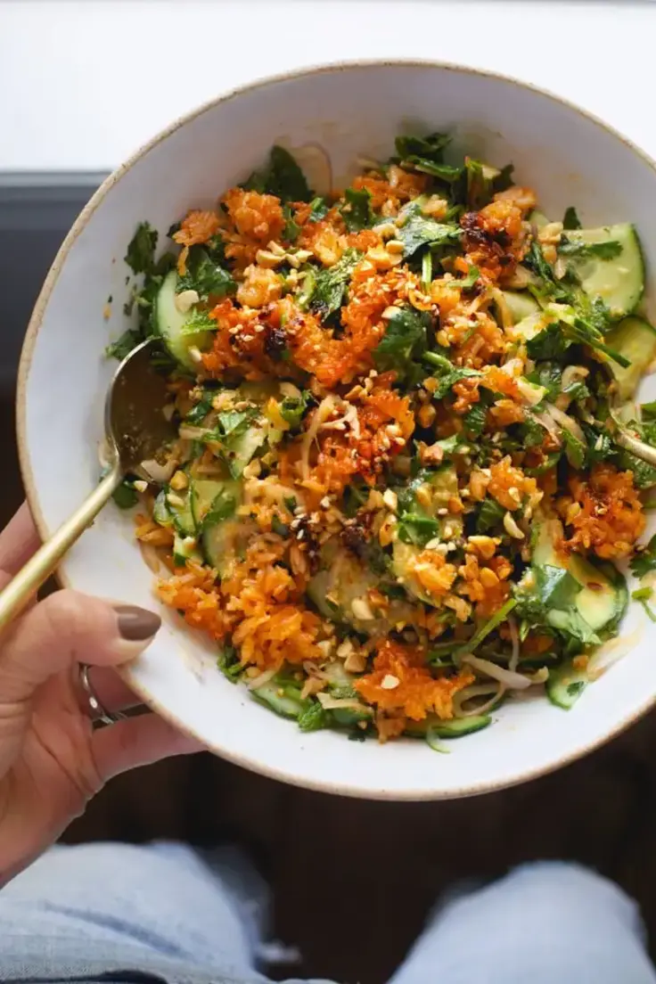 Light Crispy Rice Salad with Cucumbers and Herbs by Pinch of Yum
