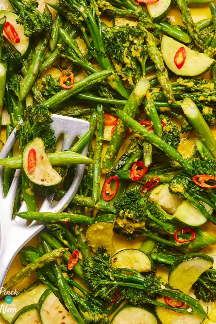 Gluten Free Chilli Roasted Greens by Pinch of Nom
