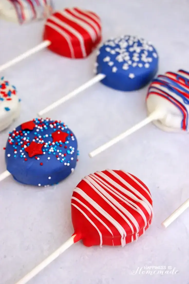 Memorial Day Picnic Food Recipes - Patriotic Oreo Pops by Happiness is Homemade
