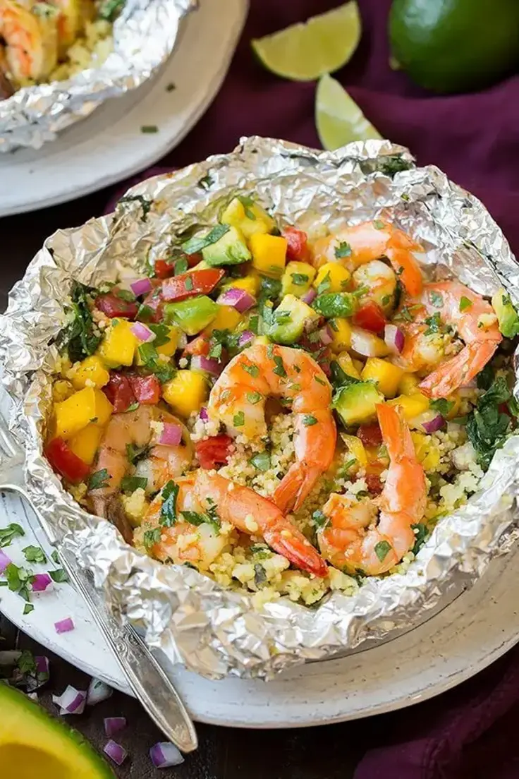 16. Shrimp and Couscous Foil Packets with Avocado-Mango Salsa by Cooking Classy  (Easy Foil Packet Meals)

