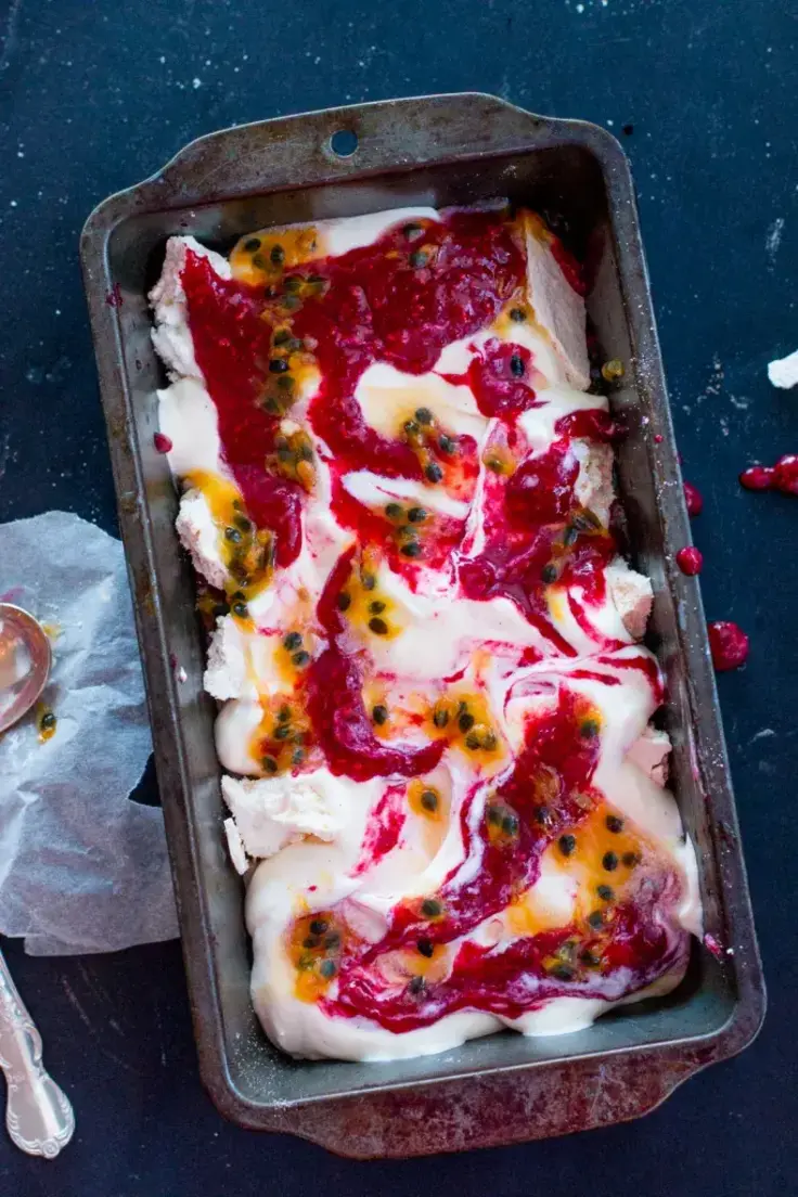 17. No-Churn Passionfruit Raspberry Pavlova Homemade Ice Cream Recipe by The Brick Kitchen
