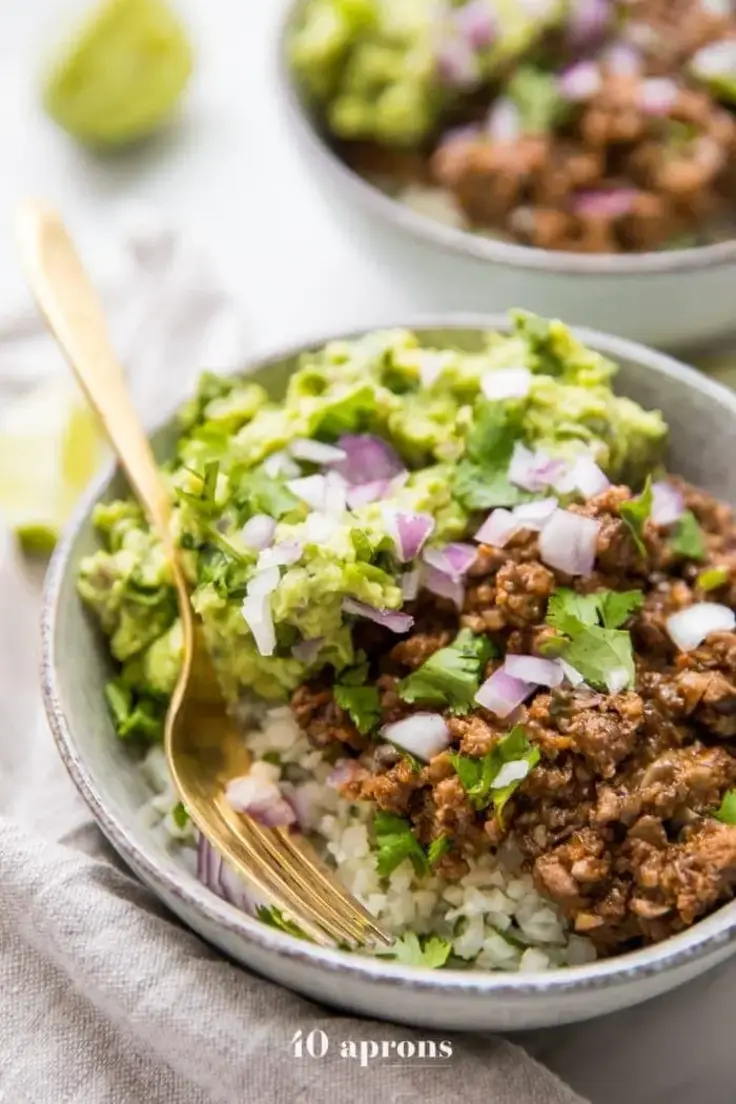 Gluten Free Whole30 Chipotle Beef & Avocado Bowls by 40 Aprons