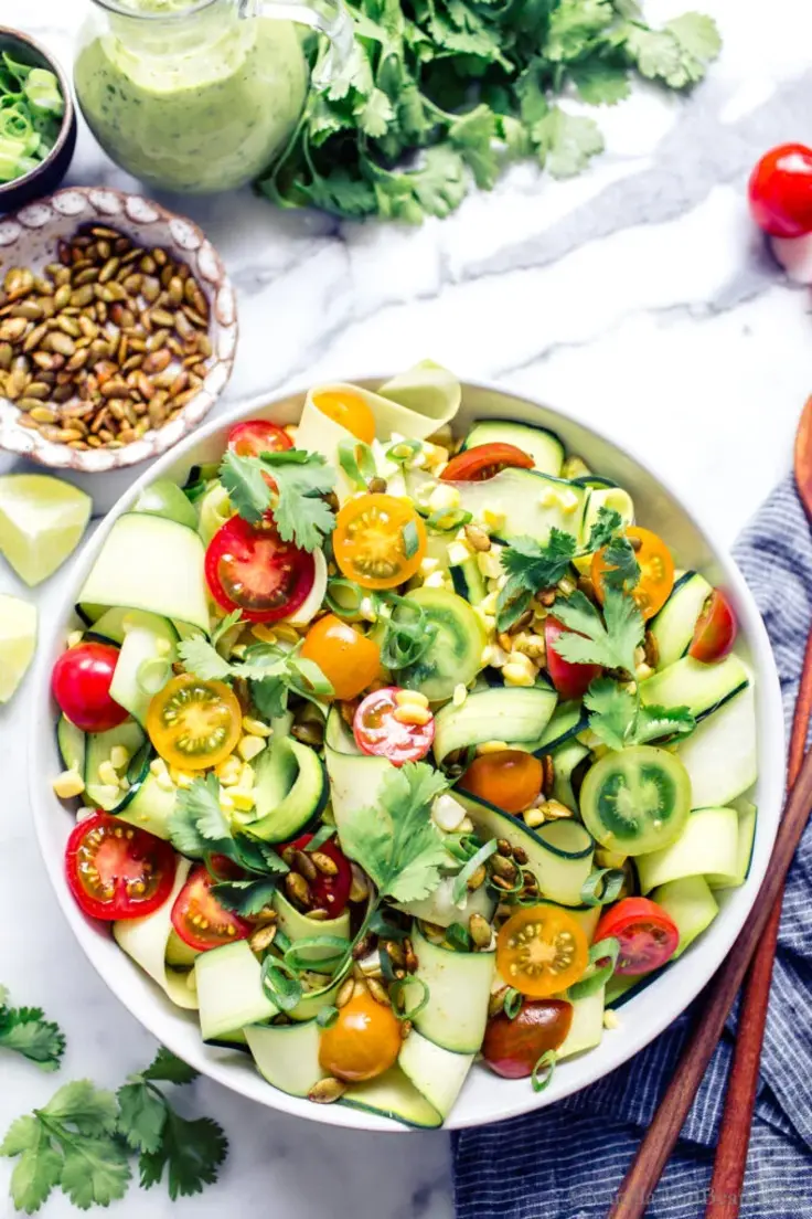 Light Summer Zucchini Ribbon Salad Recipe With Corn And Tomatoes by Vanilla and Bean