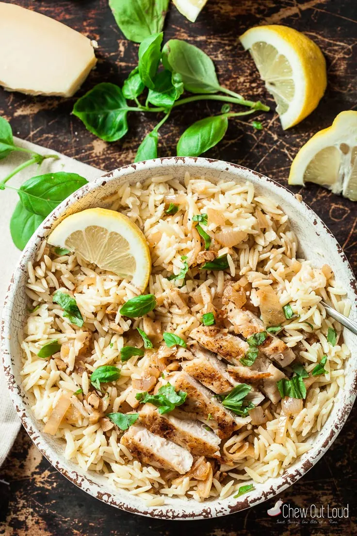 Lemon Basil Orzo with Chicken by Chew Out Loud
