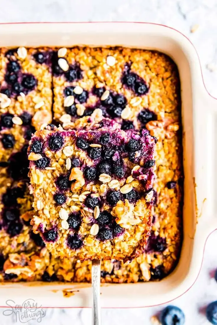 Easy Make Ahead Blueberry Baked Oatmeal by Savory Nothings is an easy, healthy breakfast for a stress-free weekday breakfast!

