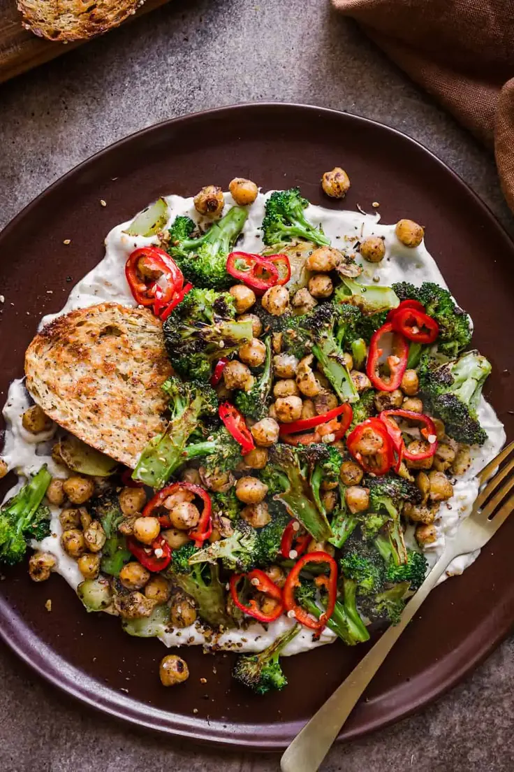 3. Vegan 20-Minute Broccoli and Za’atar Chickpeas with Yogurt Sauce Recipe by Rainbow Plant Life
