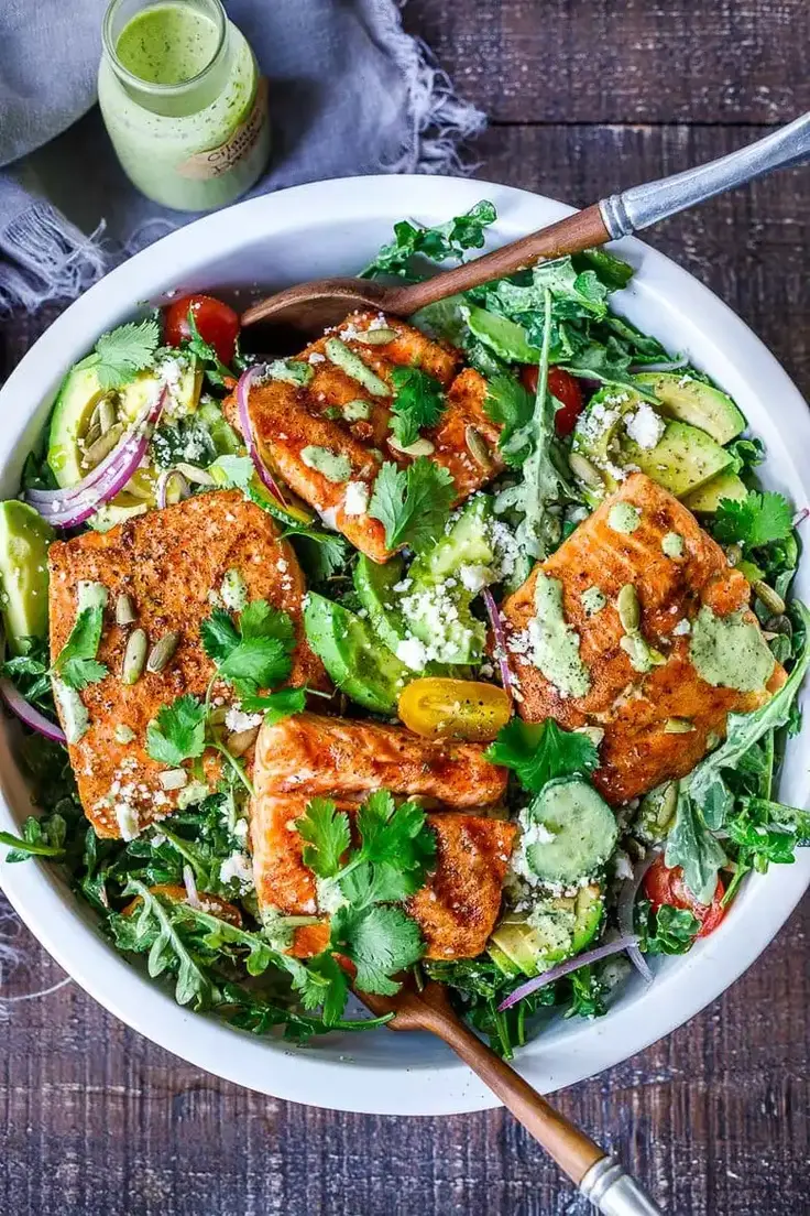 Grilled Salmon Salad with Creamy Cilantro Lime Dressing by Feasting at Home
