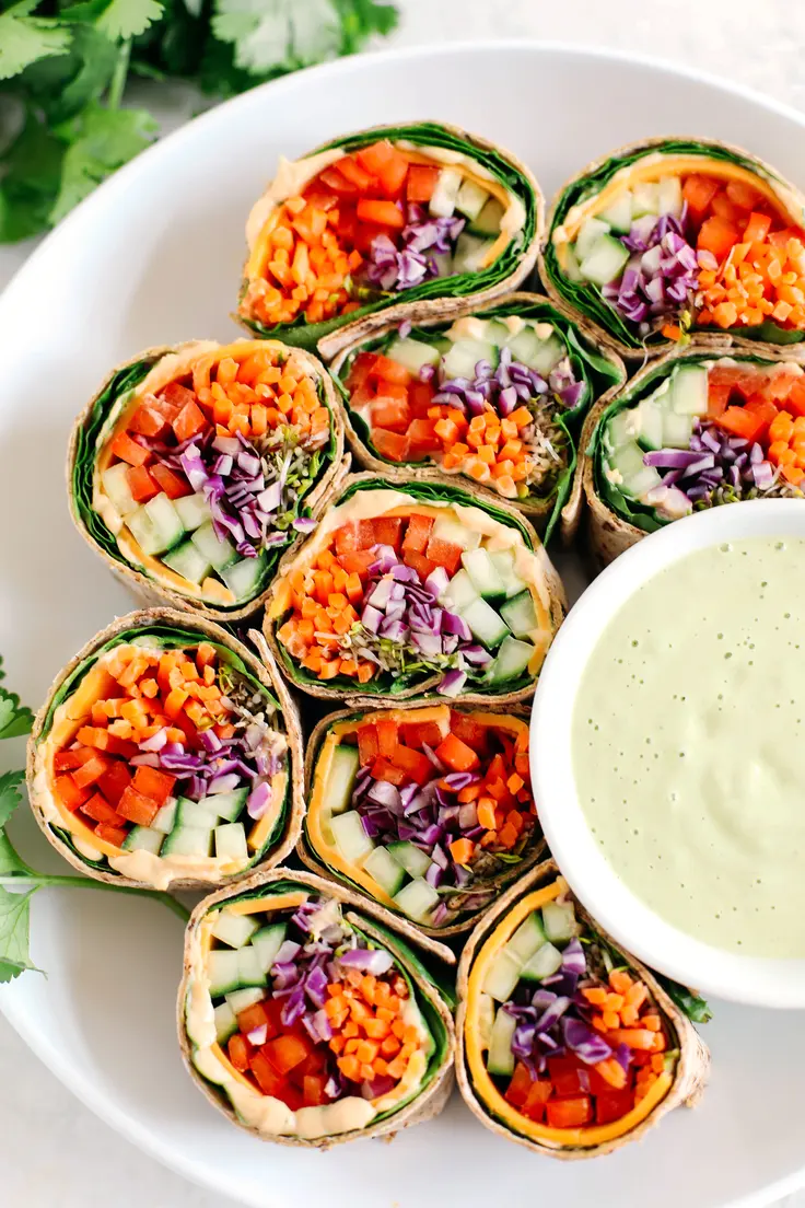 Easy Dinner Meal Prep Ideas - Rainbow Veggie Rolls with Ginger Avocado Dressing by Eat Yourself Skinny
