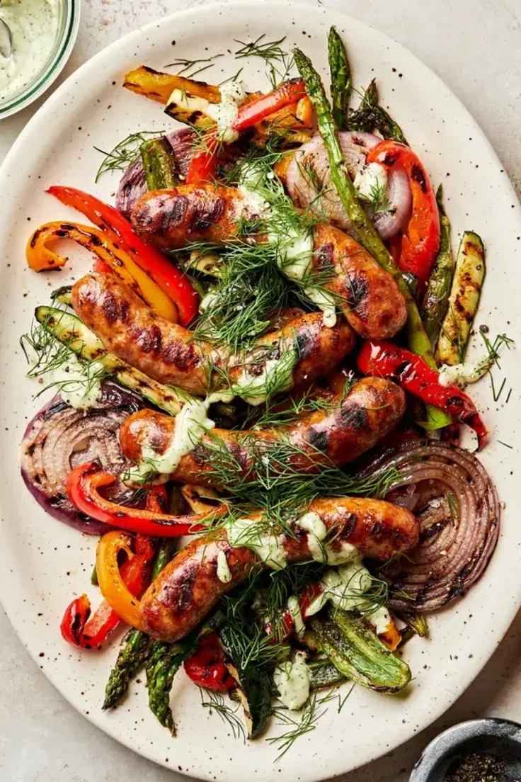 5. Grilled Sausage and Vegetables with Creamy Dill Dip by The Modern Proper
