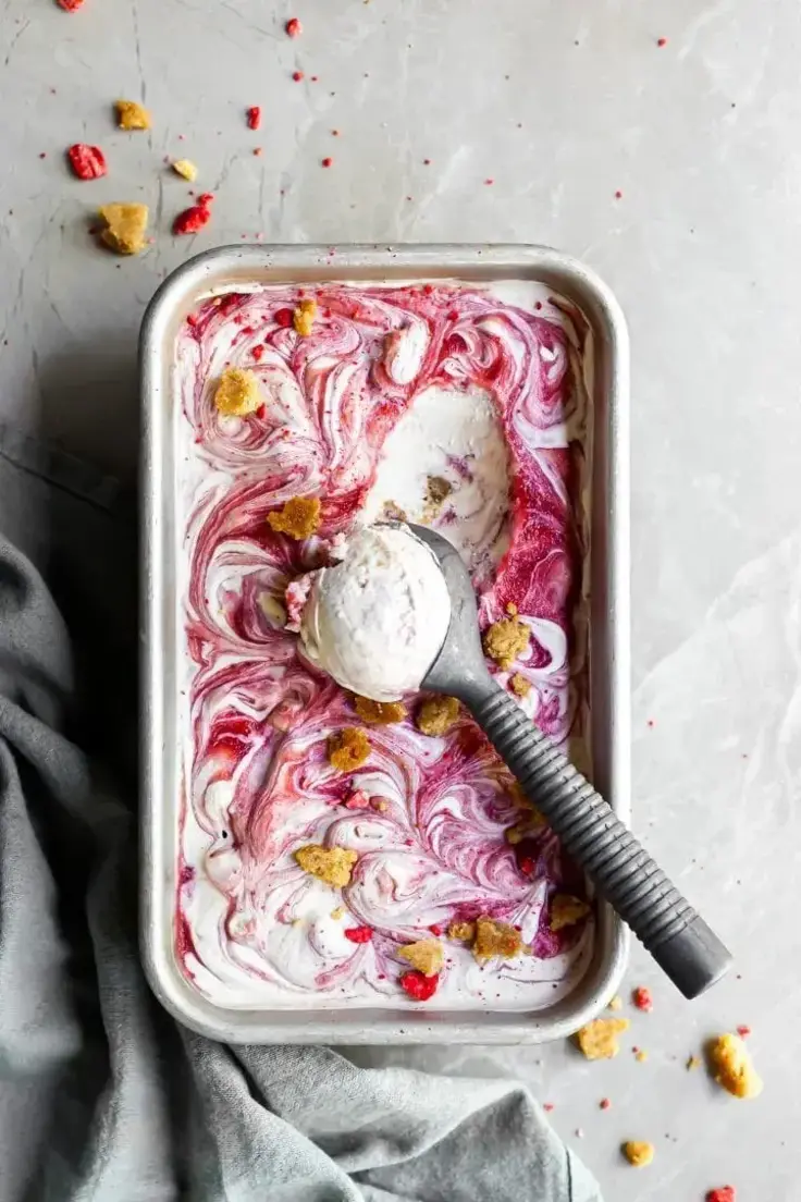 5. Vegan Strawberry Rhubarb Crumble Ice Cream by Crumbs and Caramel

