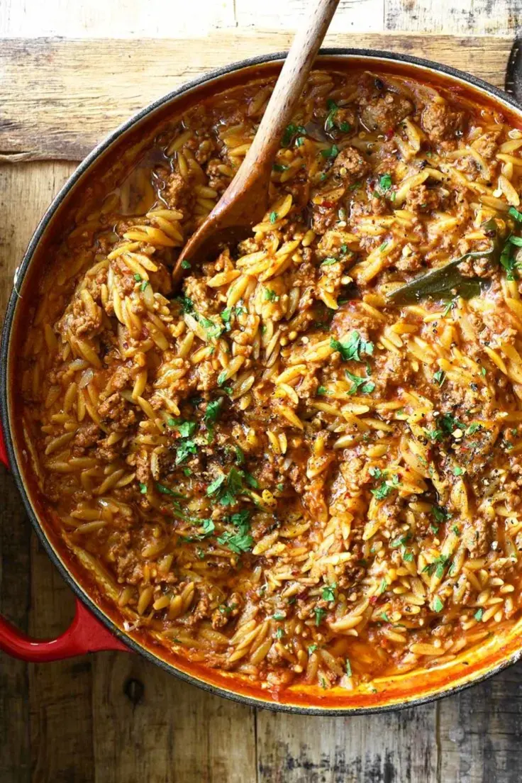 4. One Pot Tomato Beef Orzo Recipe by Serving Dumplings
