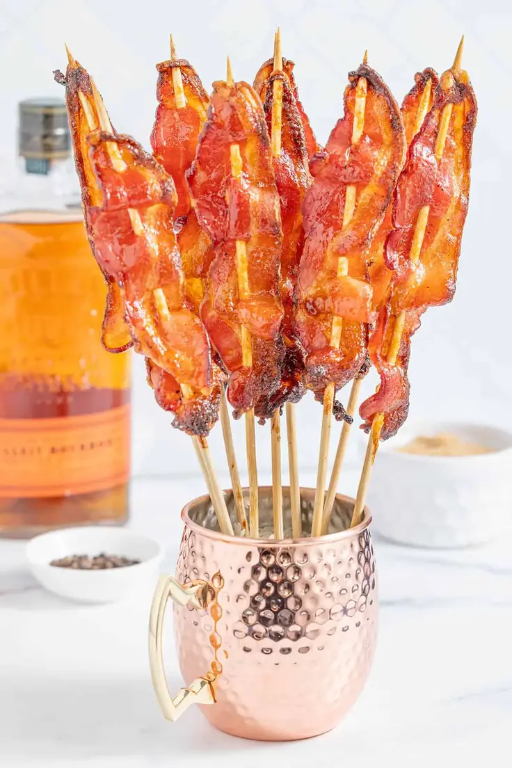 Brown Sugar Bourbon Candied Bacon Skewers Appetizer Recipe by The Savory Cipolla