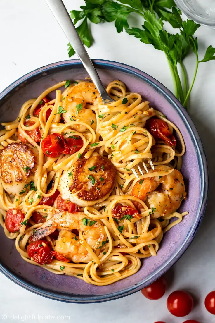  Scallop Shrimp Pasta with Burst Cherry Tomatoes Recipe by Delightful Plate
