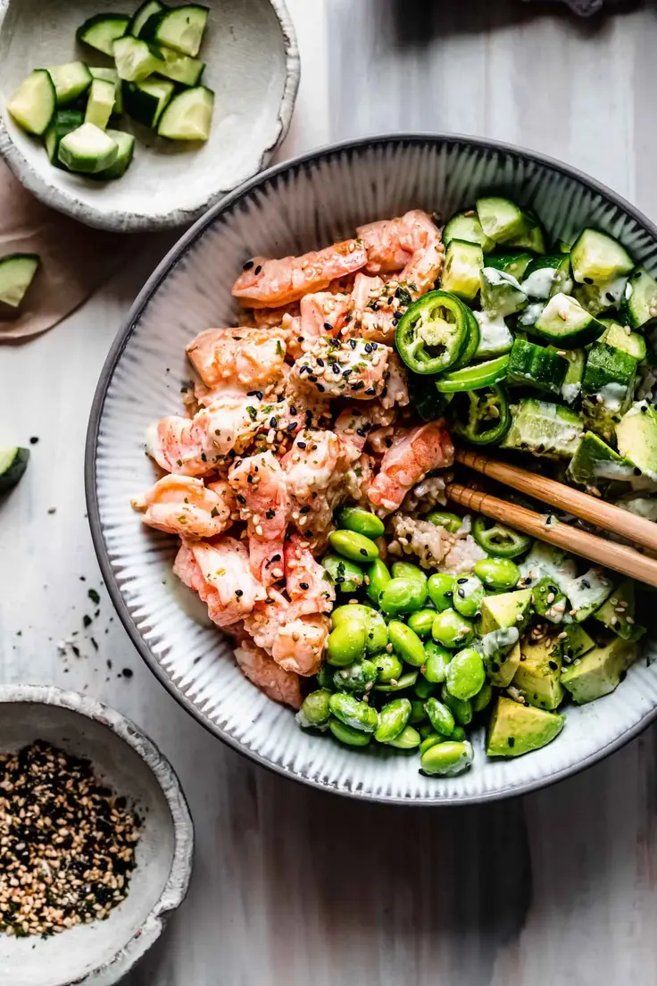 Spicy Shrimp Sushi Bowl Recipe by Platings & Pairings
