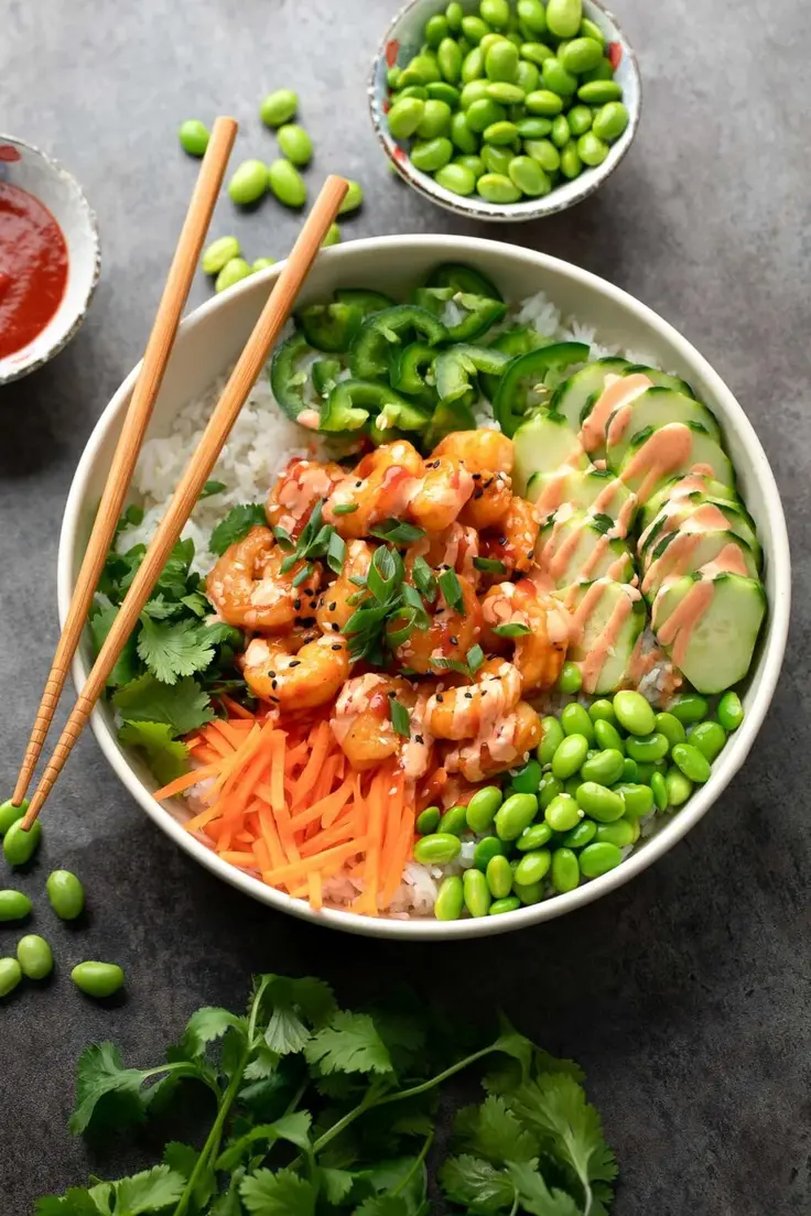 Spicy Shrimp Rice Bowl Recipe by Peas and Crayons
