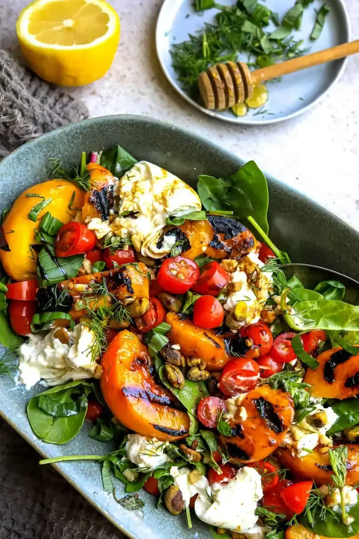 7. Grilled Peach Burrata Salad Recipe by Sailor Bailey