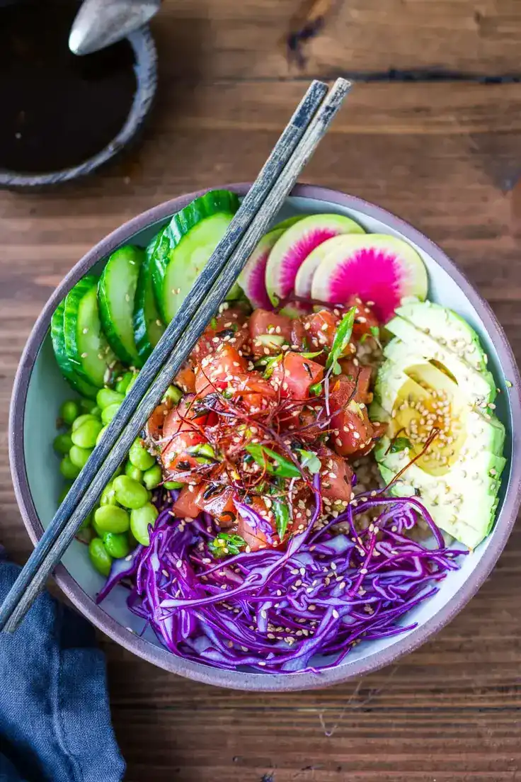 Ahi Tuna Poke Bowl Recipe by Feasting at Home - a vibrant bowl of meal that's light, low calorie and fulfiling!