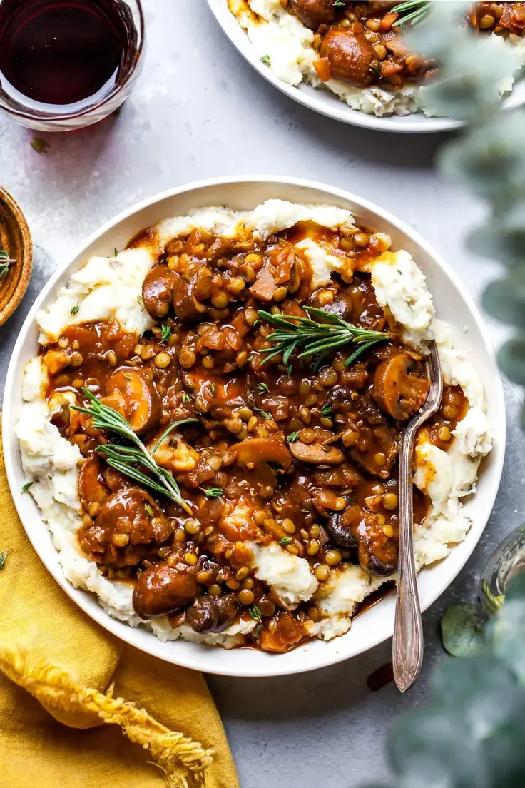 Lentil and Mushroom Stew over Potato-Parsnip Mash Recipe by Dishing Out Health
