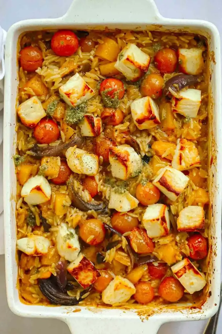 Best Fall Dinner Recipes - Halloumi & Butternut Squash Orzo Bake Recipe by Taming Twins
