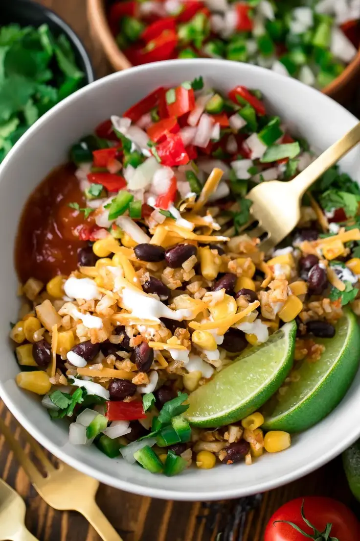 Vegetarian Cauliflower Rice Burrito Bowl Recipe by Peas and Crayons - a wholesome, low calorie vegetarian, and volume eating meal!