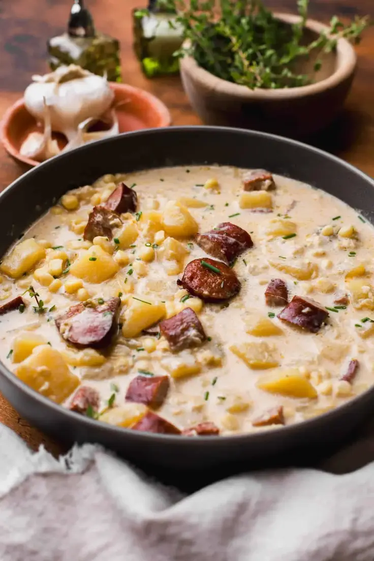 Corn Chowder with Sausage Recipe by The Epicurean Mouse
