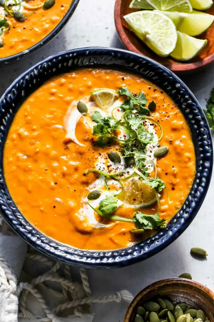 Savory Pumpkin Red Lentil Soup Recipe by Dishing Out Health
