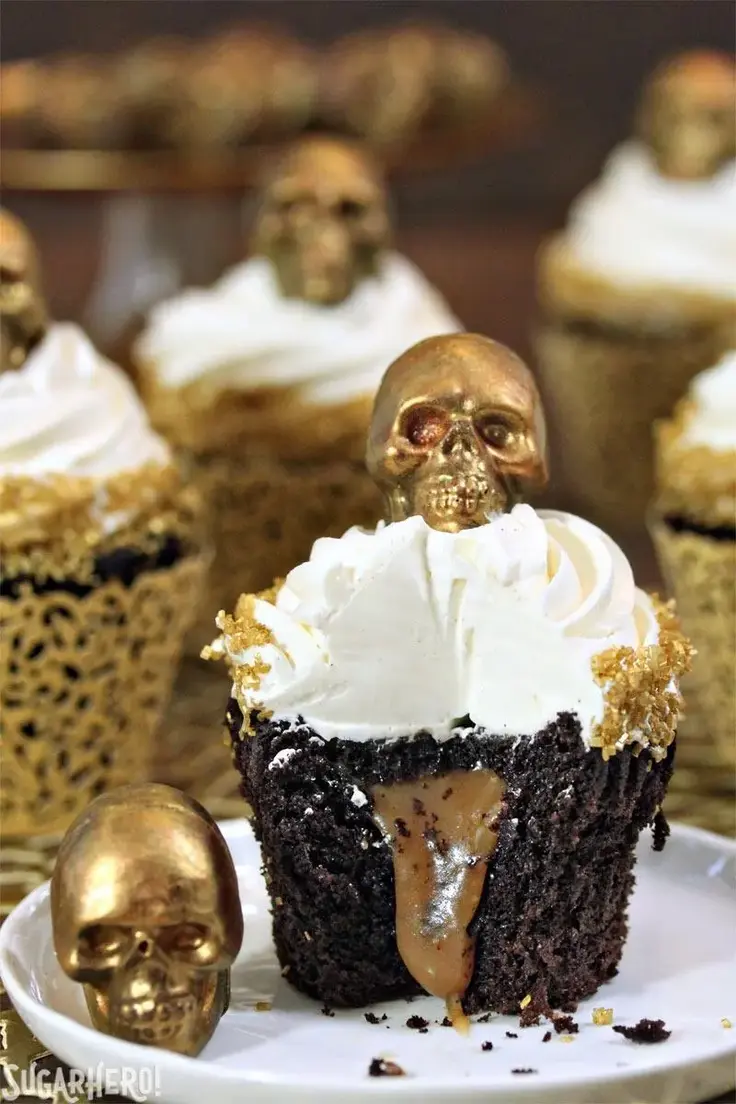 Caramel Stuffed Chocolate Cupcakes with Caramel Skulls Recipe by Sugar Hero
