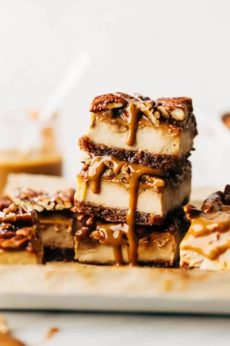 Vegan Caramel Pecan Cheesecake Bars 