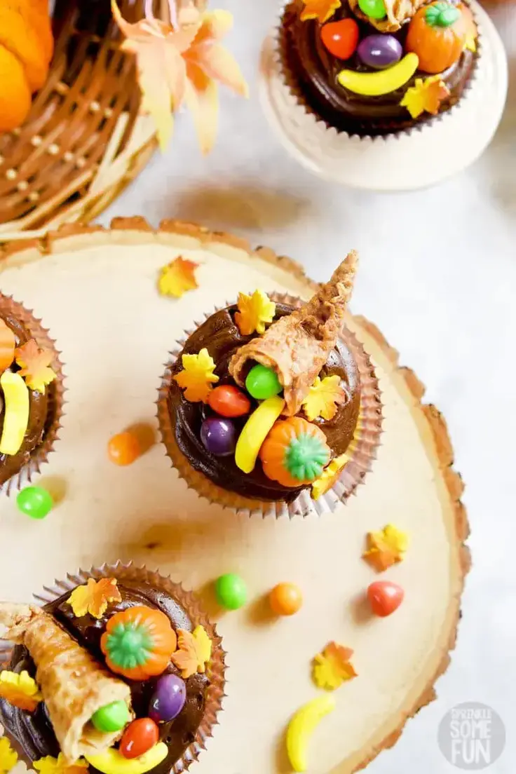 Thanksgiving Cupcakes with Cornucopia Toppers Recipe by Sprinkle Some Fun
