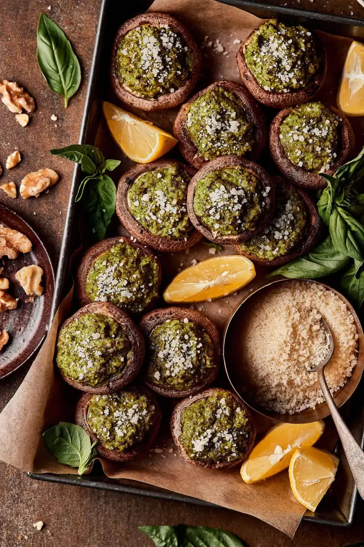 Vegan Pesto Stuffed Mushrooms Recipe by Kalejunkie
