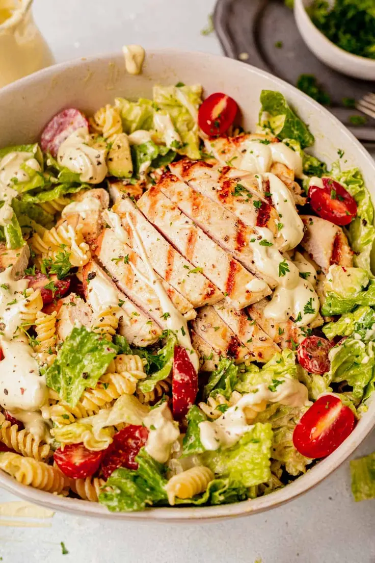 Chicken Caesar Pasta Salad Recipe by What Molly Made
