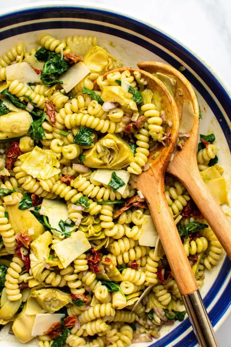 Spinach & Artichoke Pasta Salad with Basil Vinaigrette Recipe by From My Bowl
