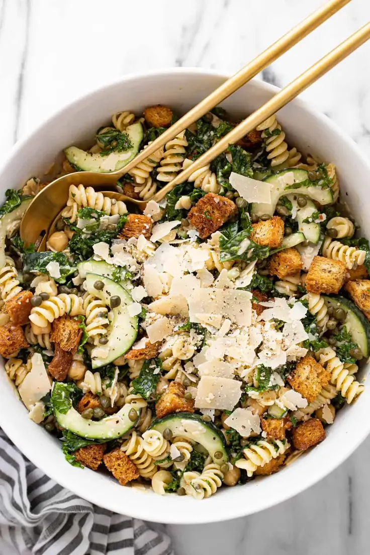 Kale Caesar Pasta Salad Recipe by Midwest Foodie
