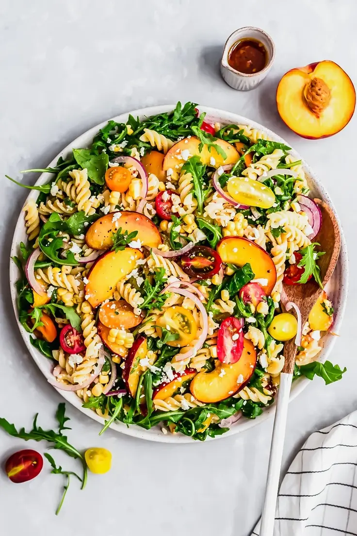 Peach, Tomato & Corn Arugula Pasta Salad 