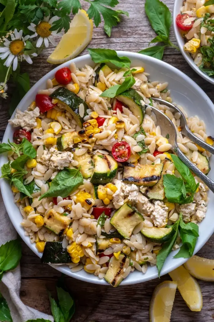 Lemon Basil Orzo Salad with Grilled Corn Recipe by Wandering Chickpea
