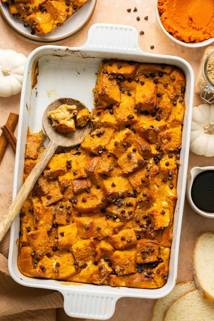 Pumpkin Chocolate Chip Protein French Toast Bake Recipe by Lauren Fit Foodie
