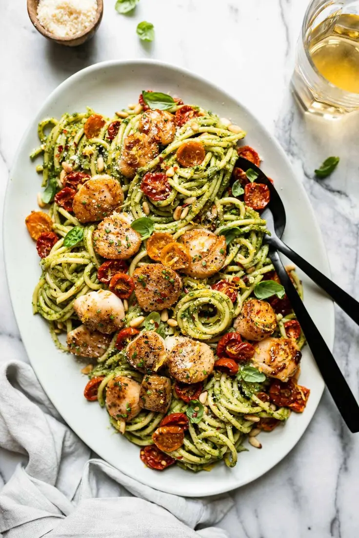 Seared Scallop Pesto Pasta with Pine Nuts & Roasted Tomatoes Recipe by Plays Well With Butter
