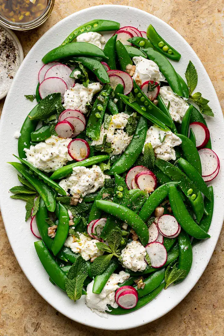 Sugar Snap Pea And Burrata Salad Recipe by Sandra Valvassori
