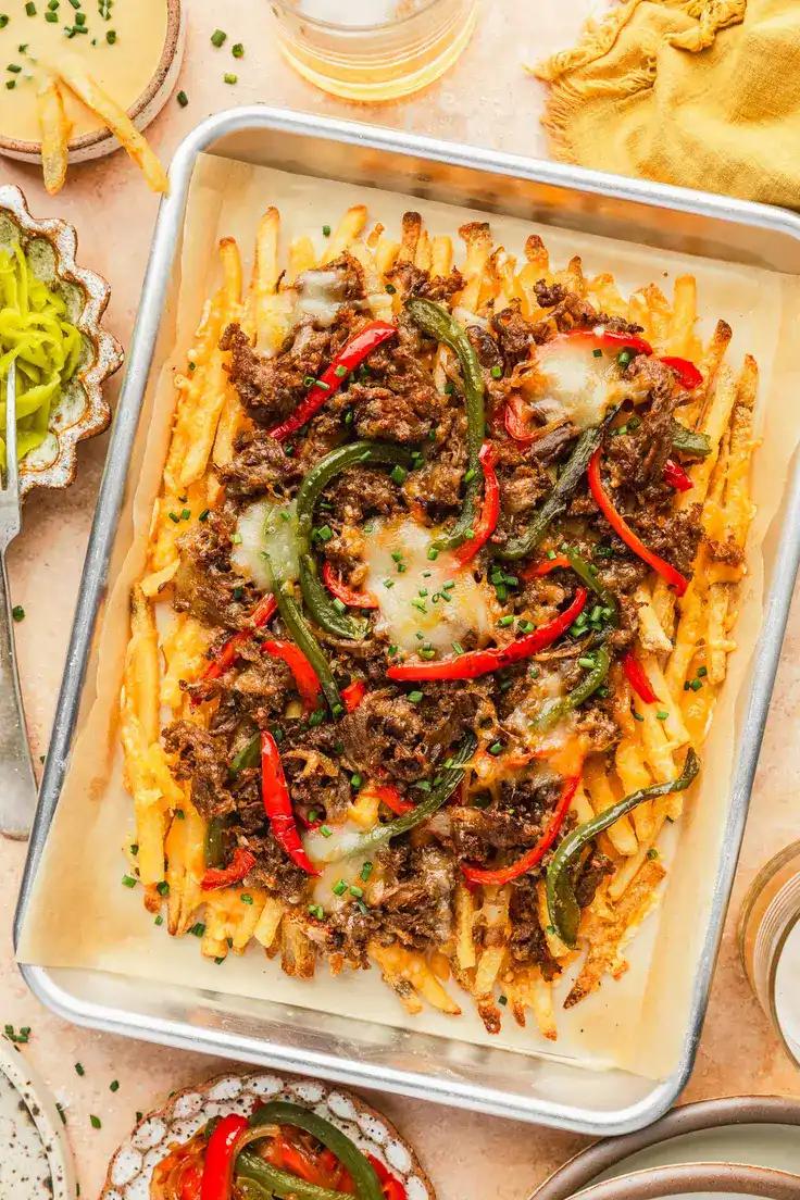 Extra Cheesy Loaded Cheesesteak Fries Recipe by Sunday Table