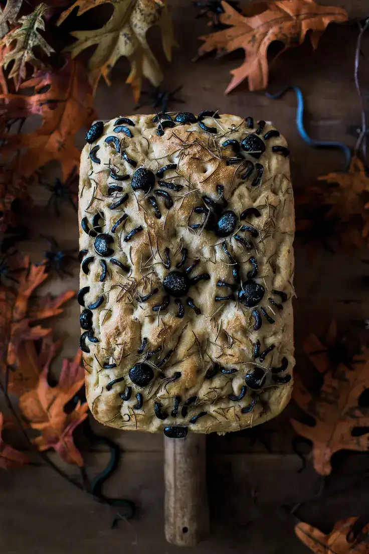 Black Olive Spider Focaccia Recipe by Harmony Lynn
