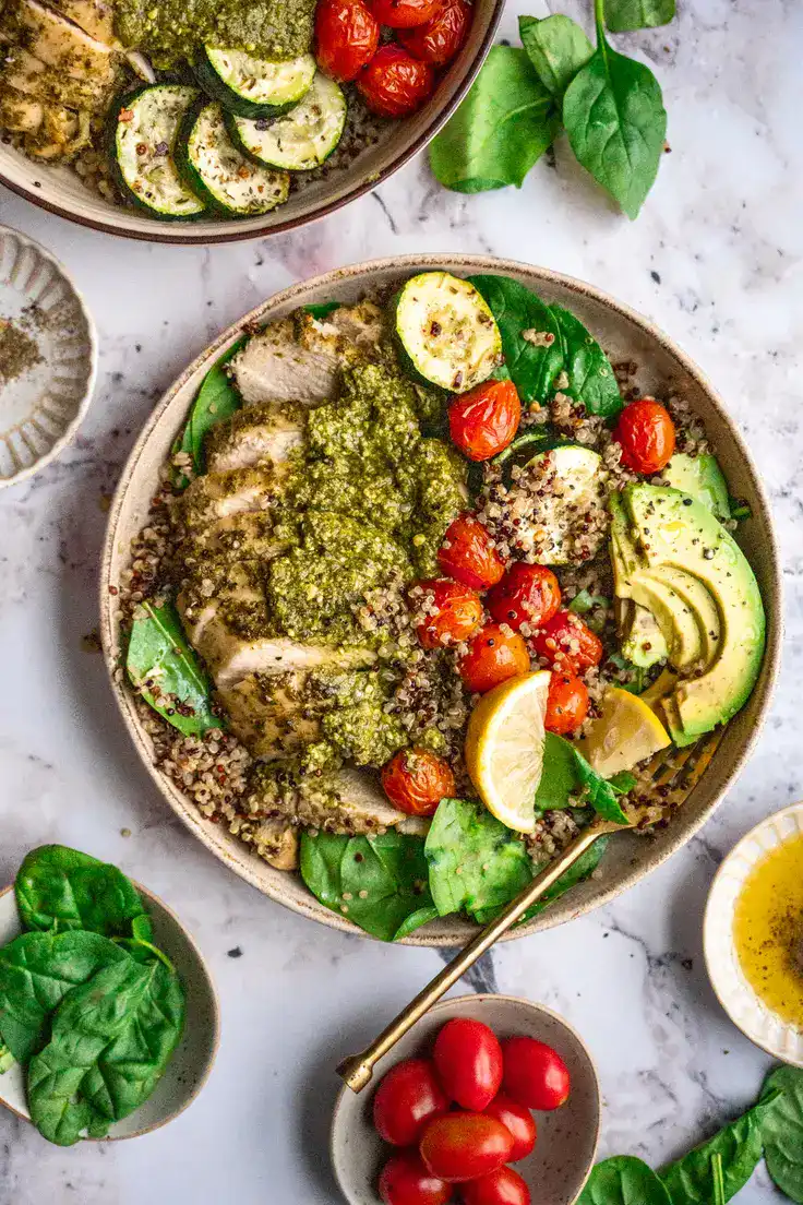 Pesto Chicken Quinoa Bowl Recipe by Balance with Jess
