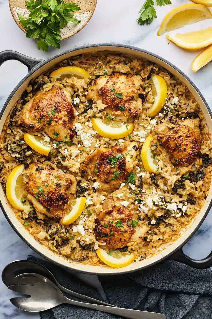 One Pan Greek Chicken and Rice Recipe by Olive and Mango
