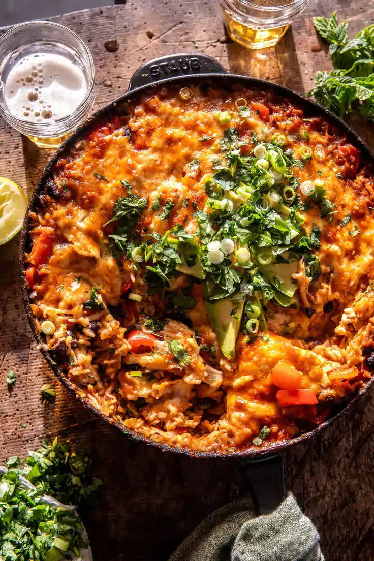 One Skillet Cheesy Salsa Chicken Rice Bake Recipe by Half Baked Harvest
