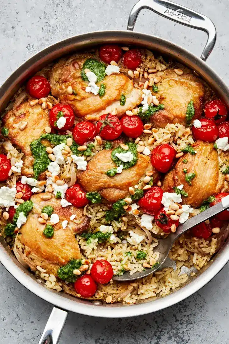 One Pot Pesto Chicken and Rice Recipe by The Modern Proper
