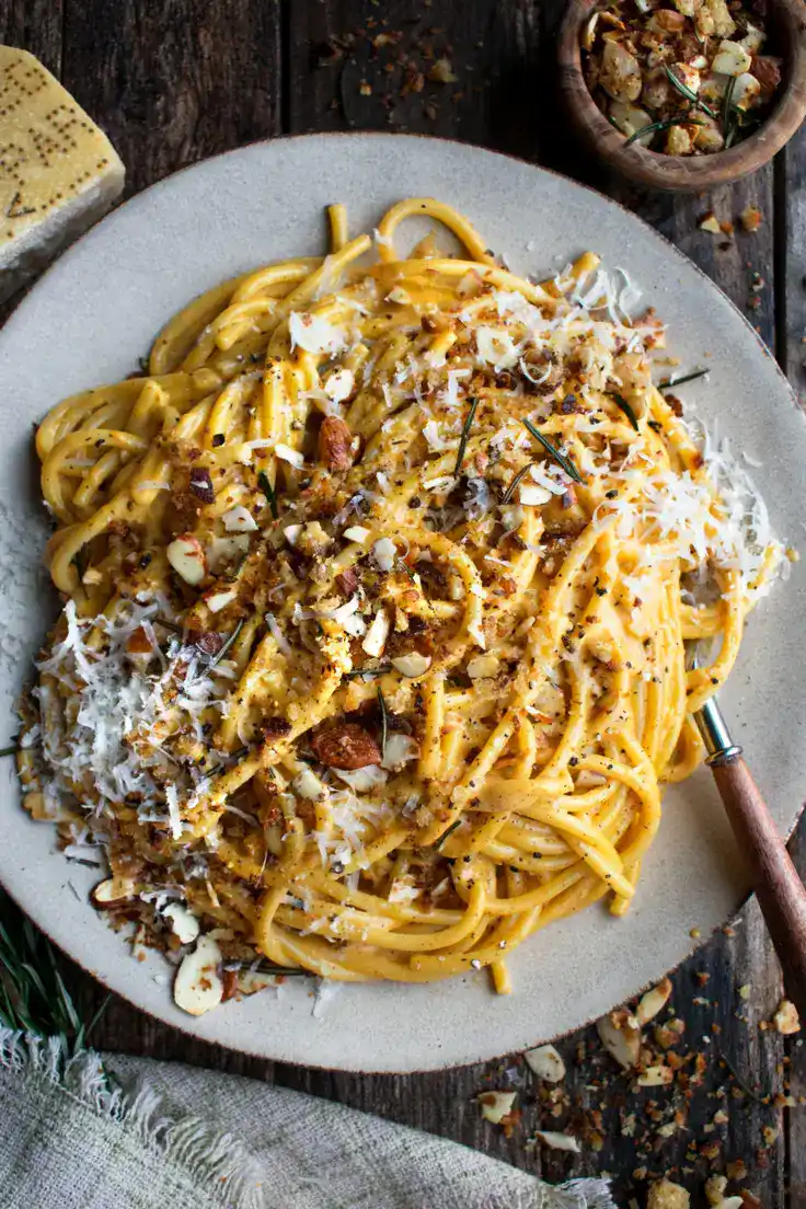 Creamy Pumpkin Pasta with Rosemary Almond Breadcrumbs Recipe by The Original Dish
